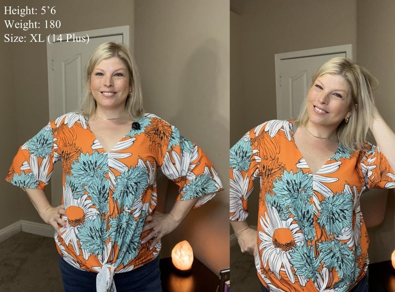 QegarTop Women's Casual Floral Blouse Batwing Sleeve Loose Fitting Shirts Boho Knot Front Tops Orange 2XL - Image 3